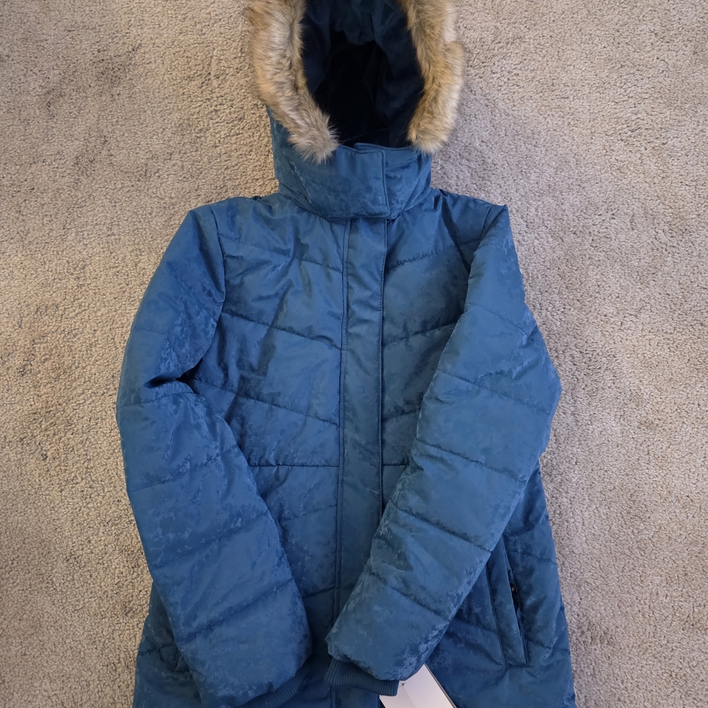Blue Puffer Jacket with Faux Fur Hood